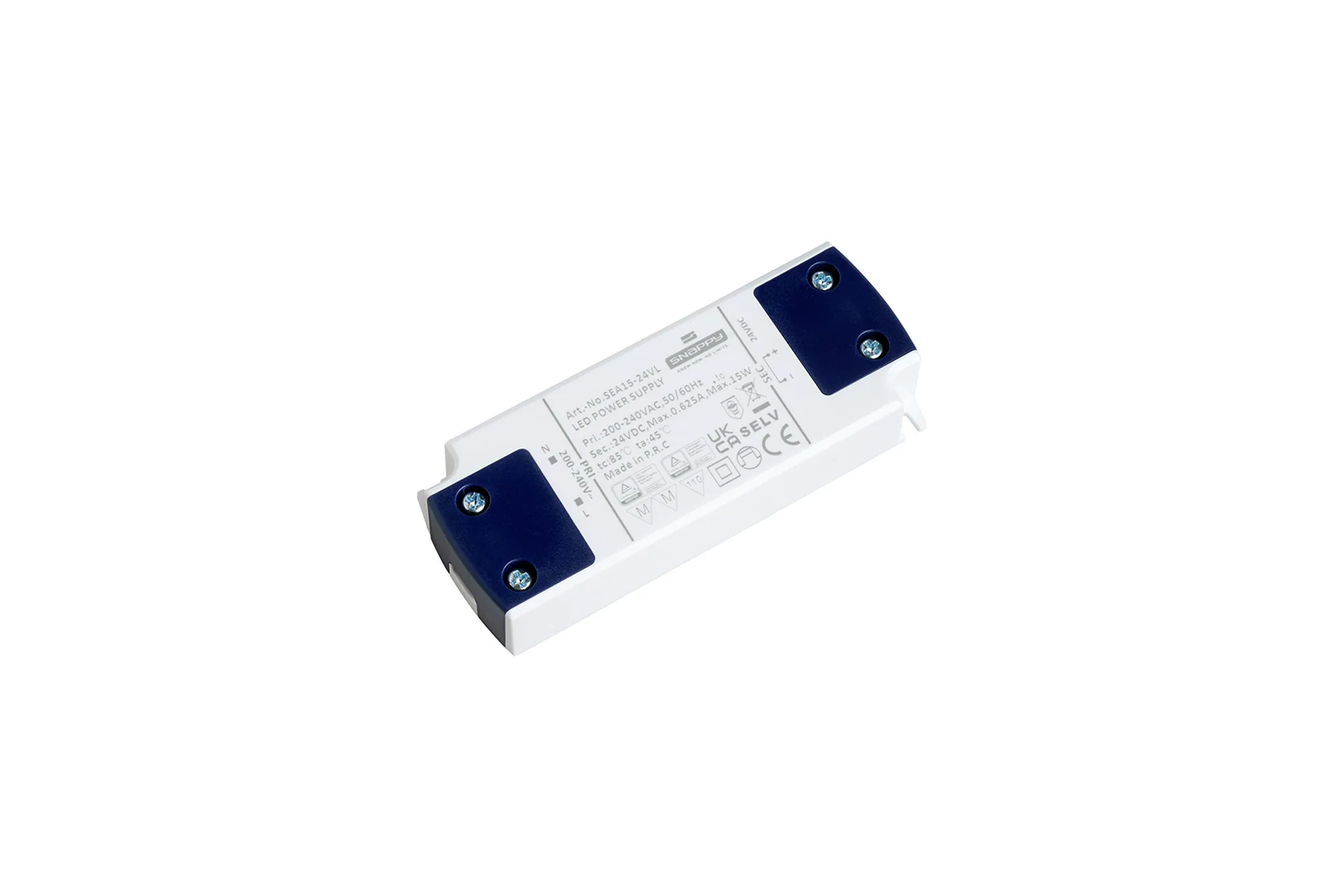 SEA15-24VL  SEA, 15W, Constant Voltage Non Dimmable PC LED Driver,24VDC, 0.625A, Pf>0.8, TC:+85°, TA:45°, IP20, Effi>85%, Screw Connection, 5yrs Warranty.